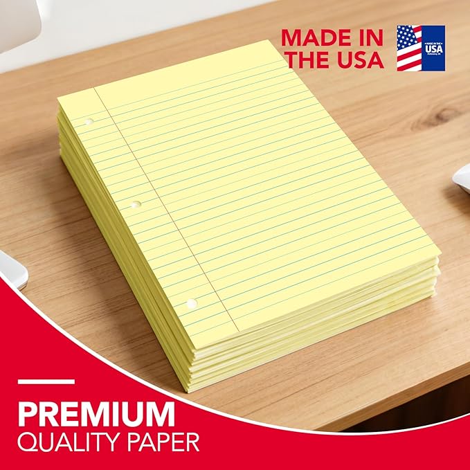 KAISA Loose Leaf Notebook Paper, Wide Ruled, 300 Sheets Per Lined Paper, 8" x 10.5", 3 Hole Punched for 3 Ring Binder, Canary, Made In USA