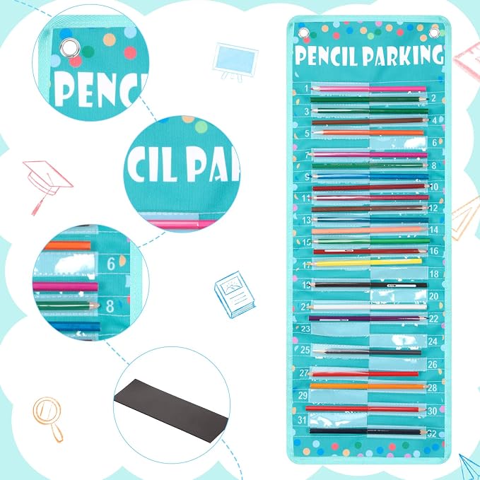 Sabary Pencil Parking Pocket for Classroom,Hanging Pencil Holder Wall Organization Numbered pencils Dispenser with Magnetic Strip Grommets for Back to School Student Essentials(Bright)