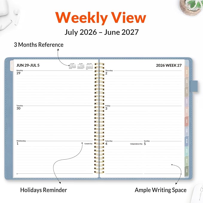 SUNEE 2026-2027 Weekly & Monthly Planner 9"x11.2" - 12 Month (July 2026 - June 2027), Vegan Leather Cover Planner Academic Year Calendar, Pocket, Notes, Monthly Tab, Blue