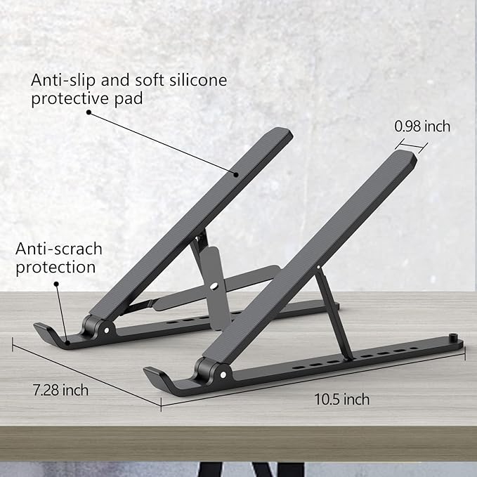 Tonmom Laptop Stand for Desk, Adjustable Laptop Riser ABS+Silicone Foldable Portable Notebook Holder, Ventilated Cooling Notebook Mount Computer Stand for 10-15.6” Laptops,Tablets-Black