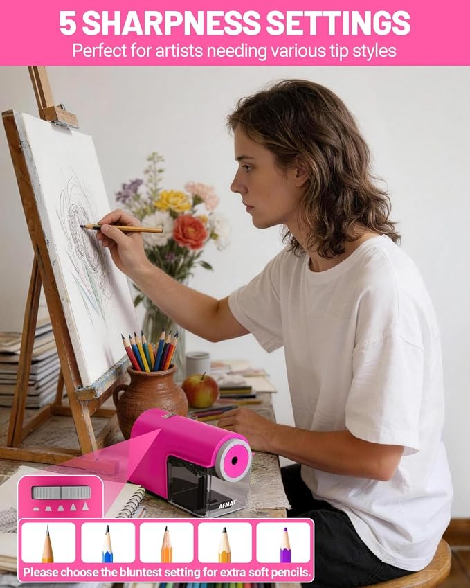 AFMAT Electric Pencil Sharpener, Fully Automatic Pencil Sharpener for 6.5-10.5mm No.2/Jumbo/Colored Pencils, Auto in & Out, 5 Sharpness Modes, 10000+ Sharpenings for Classroom Home Office, PSC5(Pink)
