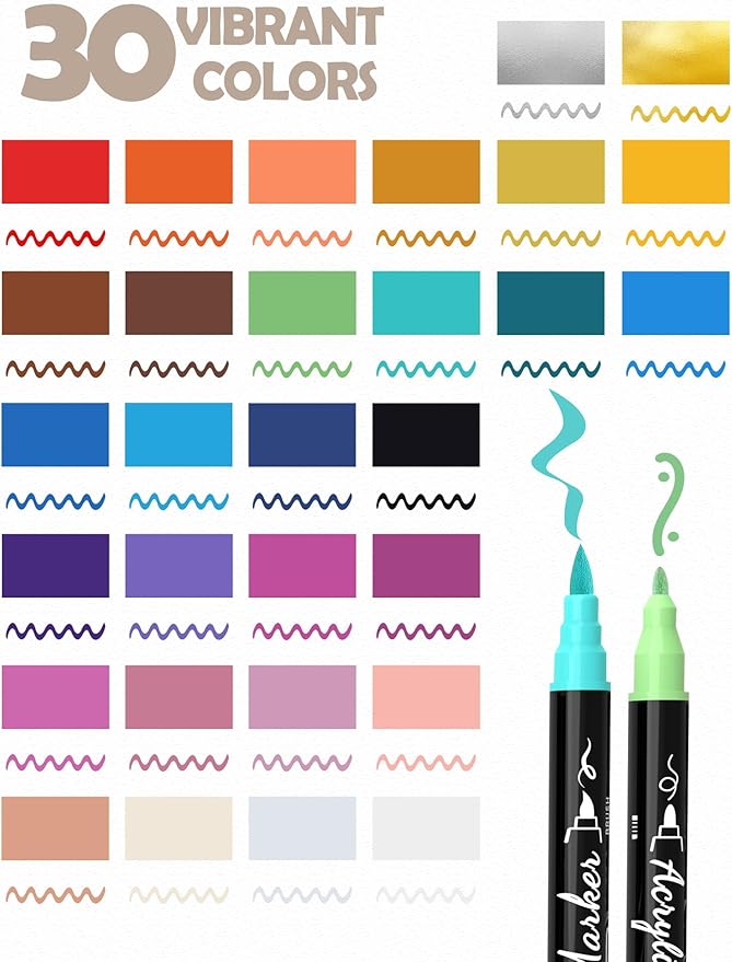 TOSHARE 30 Colors Dual Tip Acrylic Paint Markers, Premium Brush&Fine Acrylic Paint Pens for Rock, Wood, Paper, Fabric, Canvas, Glass,Ceramic,Egg,Scrapbook and DIY Crafts Supplies-Junk Journal Supplies