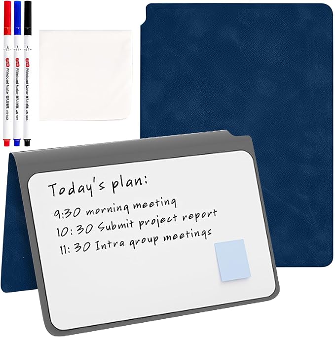 SAYEEC Whiteboard Notebook, Portable Dry Erase Board Fineliner Pens, PU Cover Erasable Handheld White Board Reusable Drawing Notebook Easel Pad for Meeting Business Office School (Navy Blue)