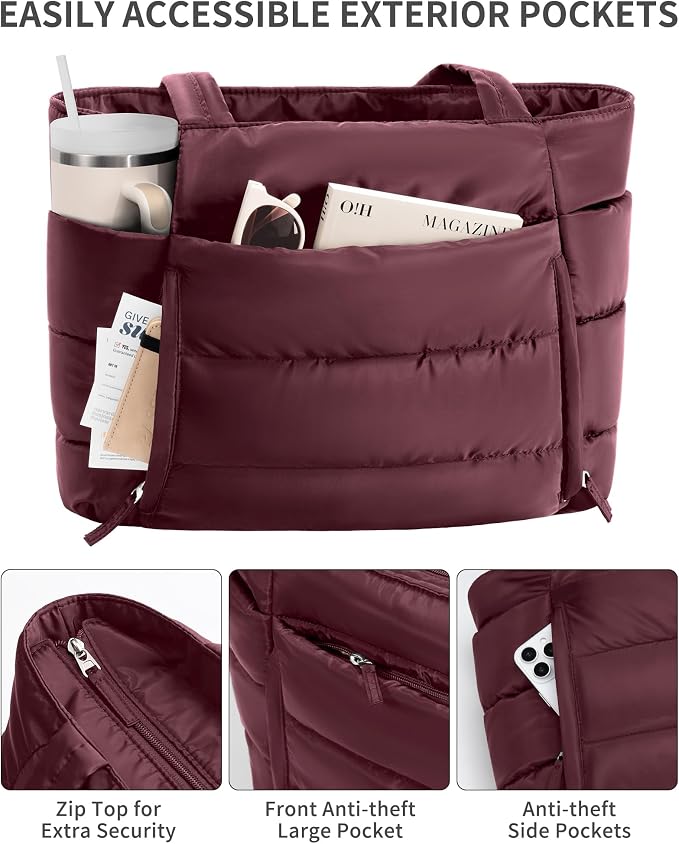 Bagstellar Puffer Tote Bag for Women, Lightweight Puffy Work Handbag Teacher Nurse Quilted Shoulder Bag for School Travel Gym | Cloud Bag w/ Zipper
