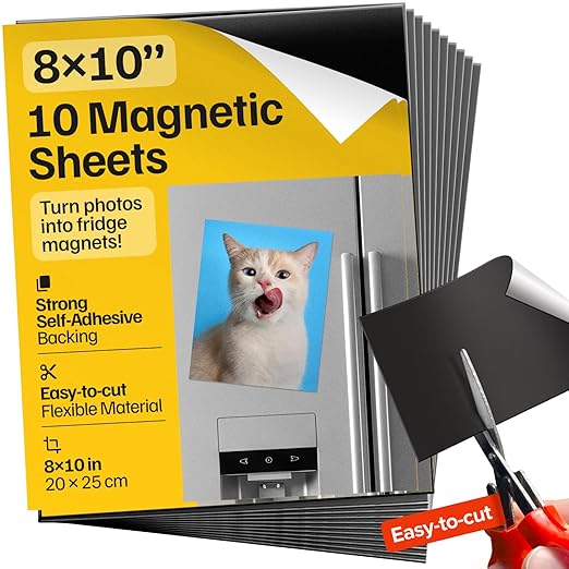Strong Self-Stick Adhesive Magnetic Sheets 10 Pcs (8x10"/20x25cm) – Customizable Magnetic Paper for Photo, Magnet Stickers, Labels, Crafts; for Fridge, Lockers, Whiteboards, Office, Projects