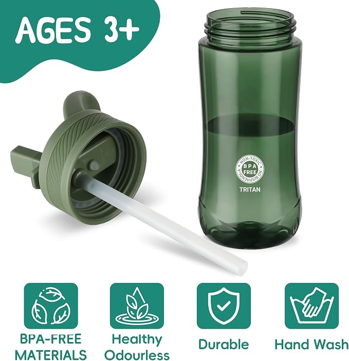 14oz Clear Kids Water Bottle with Straw Lid, BPA-Free Tritan, Measurement Scale, Sturdy Handle Wide Mouth Leak-proof Reusable Plastic Bottle for Boy& Girls, Back to School（Army Green）