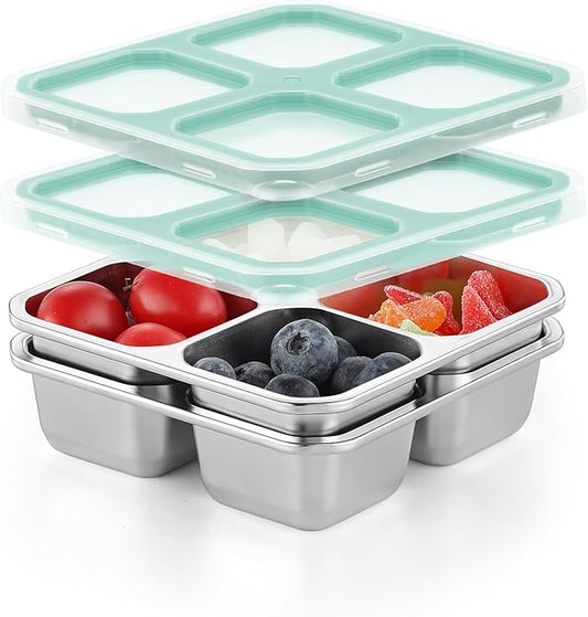 BEFOY 4 Pack Stainless Steel Snack Containers with Lids 4 Compartment Food Storage Containers for Adults & Kids Meal Prep Containers Reusablele (blue, 2)
