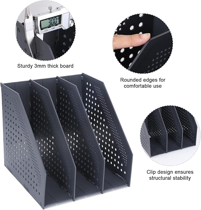 FRETONBA Collapsible Magazine File Holder with 3 Vertical Compartments Foldable Binder Holder for Desk Binder Storage Organizer Plastic Magazine Holders for Shelf, Dark Gray