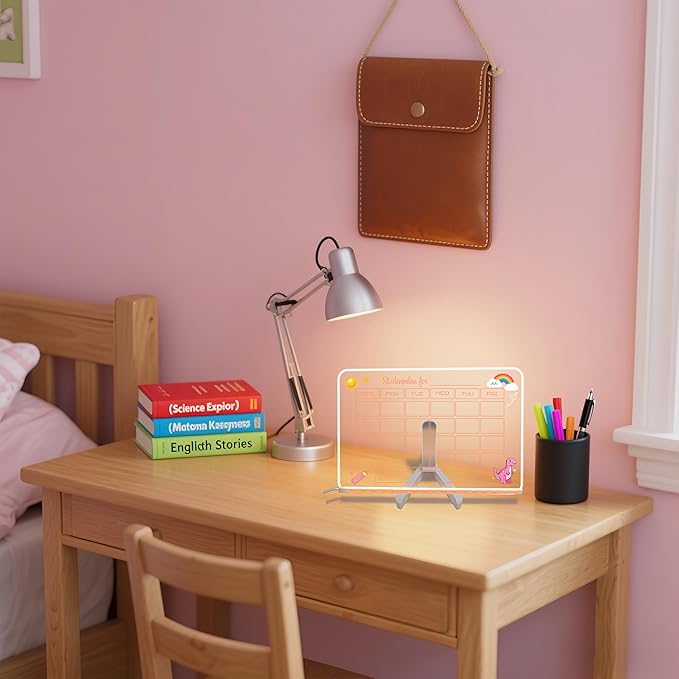 LED Acrylic Erase Board Calendar with Stand，Clear Desktop Calendar Whiteboard for Desk with 7 Color Markers Erasable Markers，Weekly&Monthly Planner，for Home, Office, School, Birthday Gift (Pink)