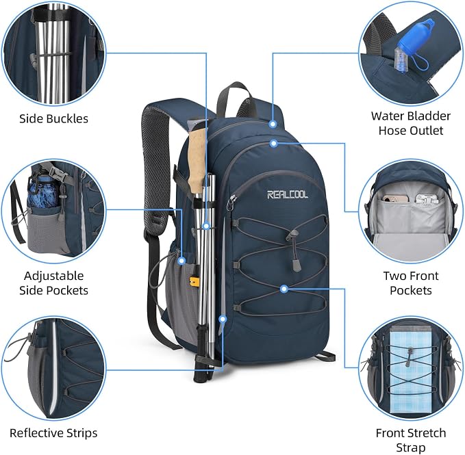 RealCool 30L Lightweight Hiking Backpack, Waterproof Daypack for Camping | 210D tear-resistant nylon, breathable shoulder and back panel, Multi-Compartment,hydration system,reflective strip,bungee net