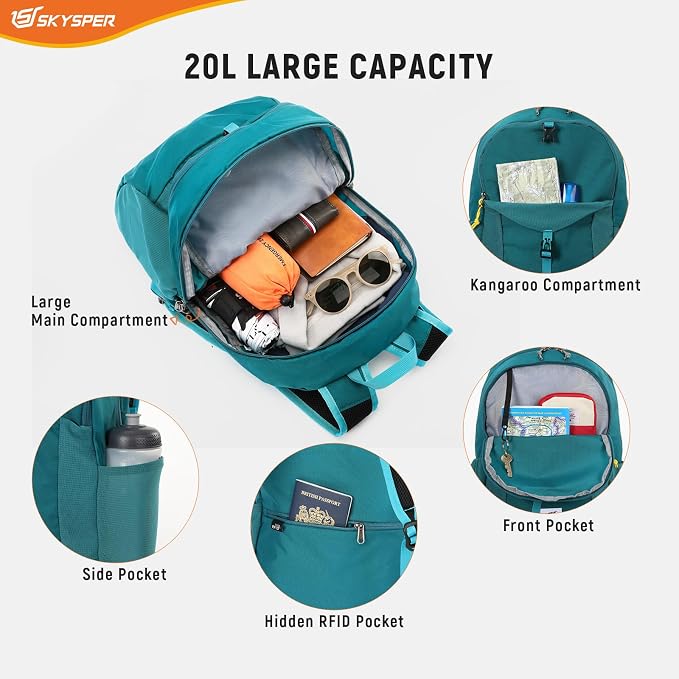 SKYSPER Small Packable Hiking Backpack 20L Anti-theift Travel Daypack | RFID Ultralight Foldable Walking Backpack with Water Bottle Holder, Nylon, Multi-compartment, Everyday Carry for Men Women
