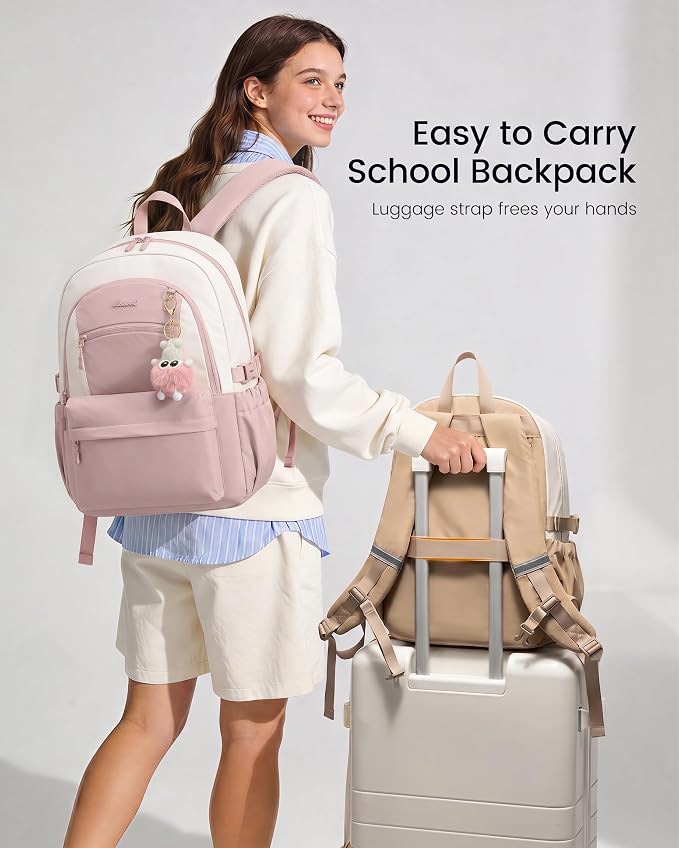 LOVEVOOK School Backpack for Teen Girls & Women, 35L Large Laptop Backpack with 40oz Water Bottle Pocket, Waterproof Cute College Bookbag, Student Backpack for Middle High School Travel Work Pink