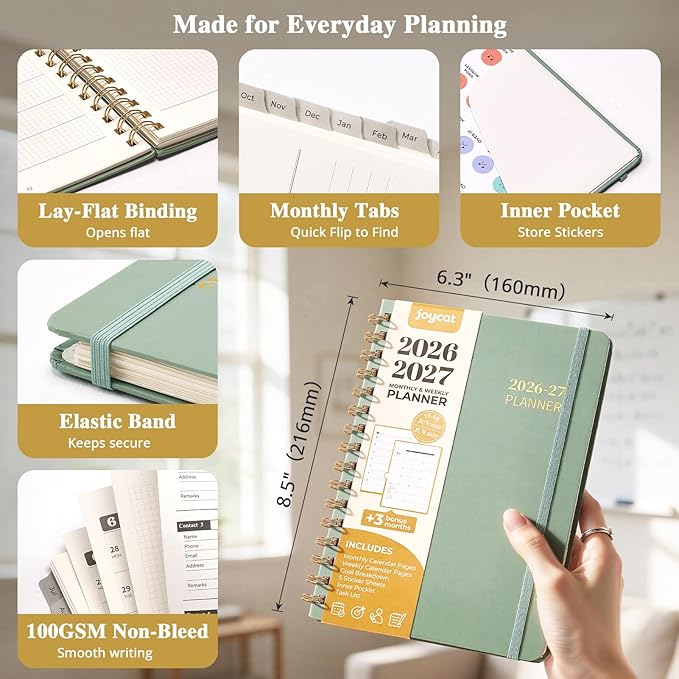 JoyCat 13-Month Academic Planner 2026-2027, June 2026 - June 2027, A5 Weekly & Monthly Planner, Hardcover Agenda with Tabs, 5 Sticker Sheets, Elastic Closure & Pocket for Teachers & Students, 6.3" x 8.5", Green
