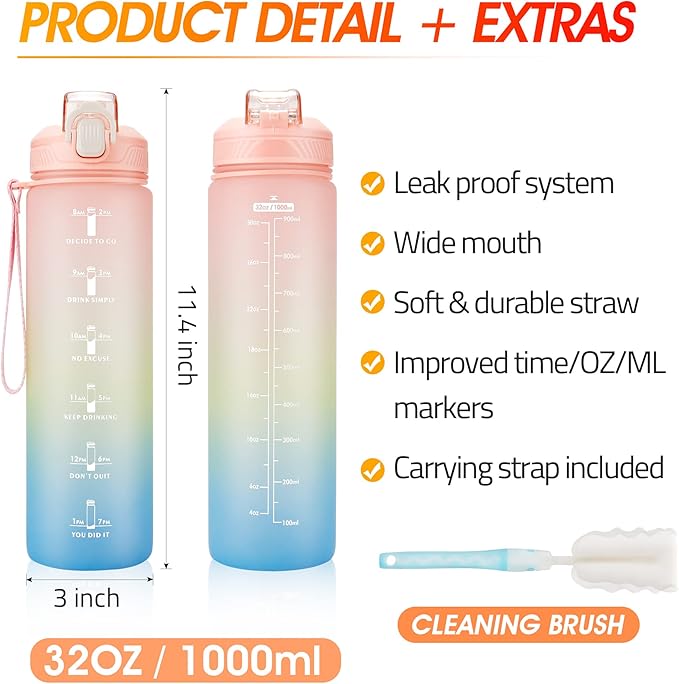 YC Kitchen Motivational Water Bottle with Time Marker- 32oz Water Bottles with Times to Drink, Leakproof & BPA Free Sports Water Bottle with Straw & Carry Strap for Fitness, Gym, and Outdoor Sports