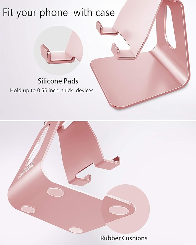 CreaDream Adjustable Cell Phone Stand, Phone Stand, Cradle, Dock, Holder, Aluminum Desktop Stand Compatible with Phone 16 15 14 13 12 11 Pro Max Plus SE, Accessories Desk, All Mobile Phones-Rose Gold