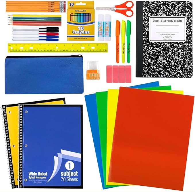 Trail maker Bulk Elementary School Supply Kits, 12 Packs of 45 Piece Wholesale School Supplies for Kids Includes Folders Notebooks Pencils Pens and Much More!