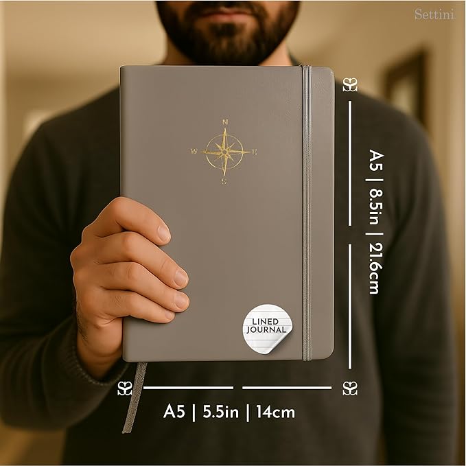 SETTINI Lined Journal, Ideal for Journaling - A5 Vegan Leather Notebook, 192 Archival-Quality Pages, QuillEase Bleed-Free Paper, Inner Pocket & Bookmark - Father Day Gift, Grey Compass