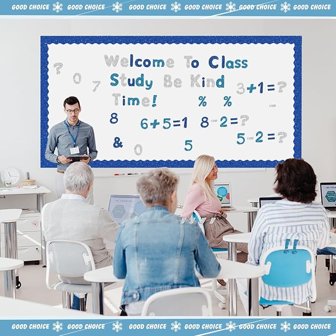 221 Pcs Glitter Blue Bulletin Board Letters, Round Alphabet Number Punctuation Symbol Combo Letter Cutouts, Sparkle Classroom Decoration for Winter School Chalkboard Poster Board