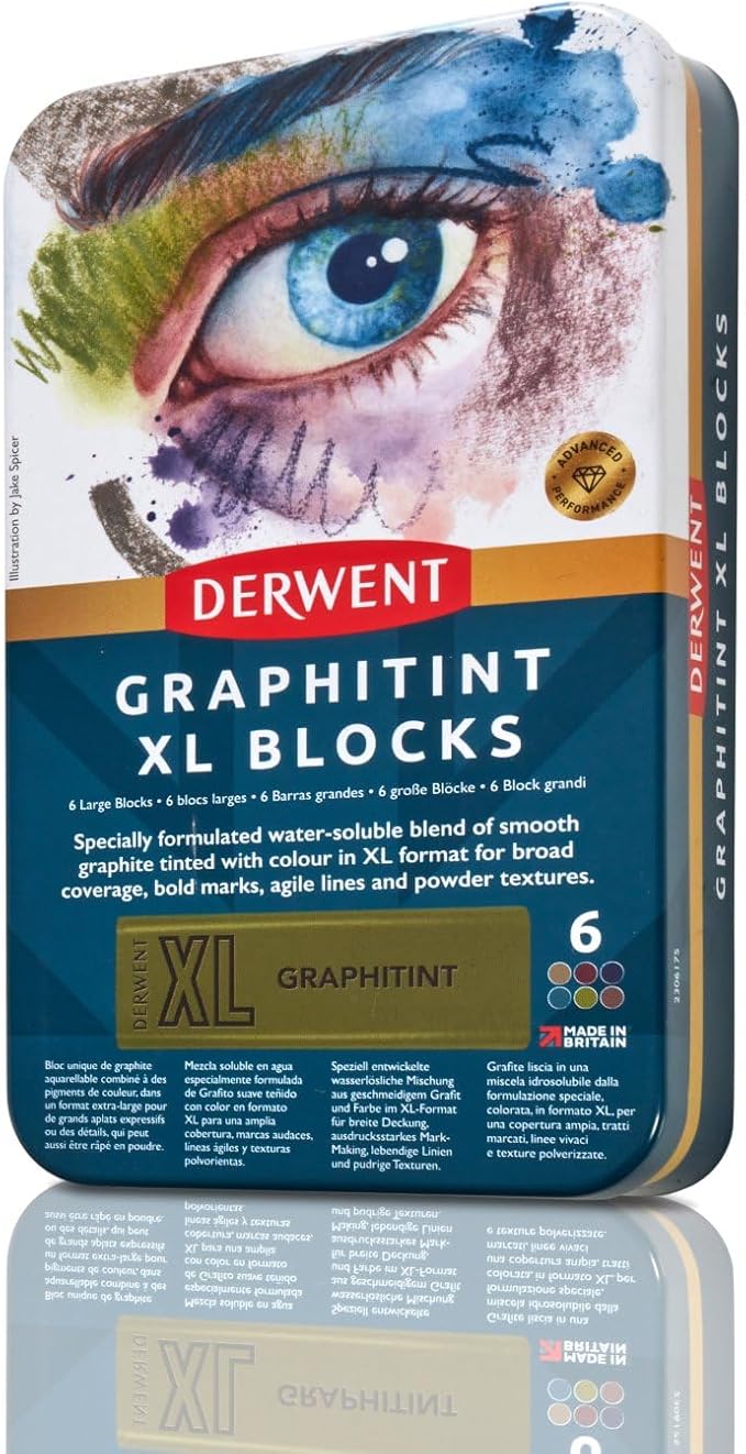 Derwent Graphitint XL Blocks 6 Tin, Set of 6, 60mm Extra-Large Block, Water-soluble, Ideal for Sketching, Drawing and Expressive Mark Making, Professional Quality (2306175)