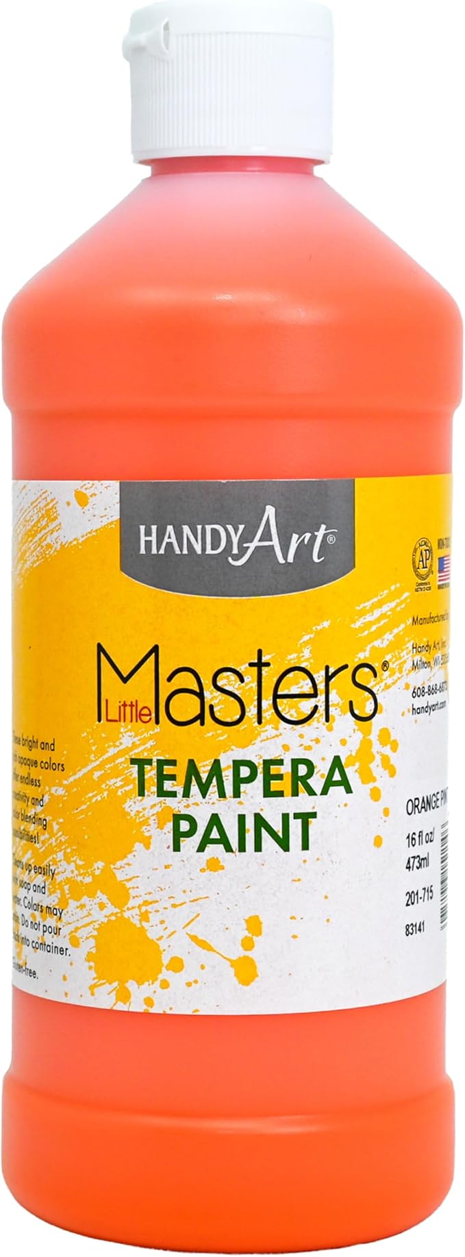 Handy Art Little Masters Tempera Paint, Orange, 16 oz Bottle, Bright & Mixable, High Opacity, Washable Colors for Classroom, Students, Kids, Young Artists, Safe & Non-Toxic, Made in USA