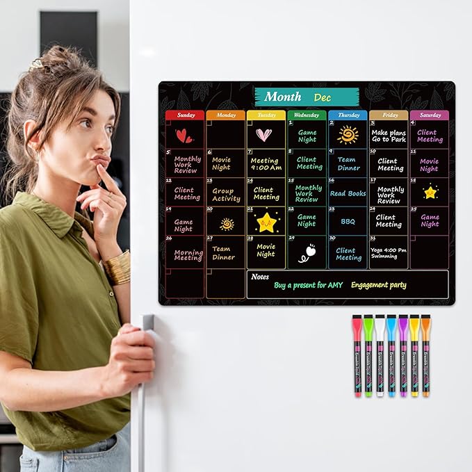 MaxGear Monthly Black Magnetic Calendar for Refrigerator, 16" X 12" Fridge Chalkboard, Magnetic Dry Erase Calendar White Board Planning Board for Fridge with 7 Fine Point Markers,1 Cloth