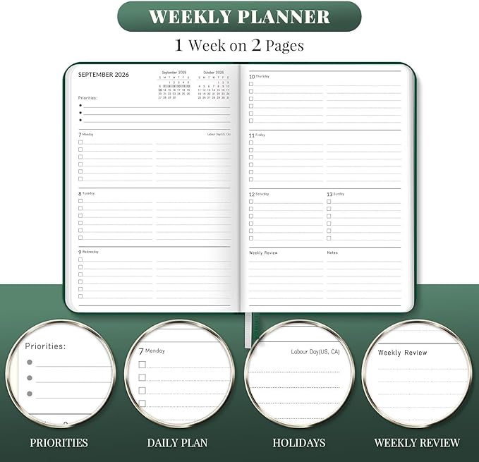 Lonely Oak Academic Planner 2026-2027, A5 Daily Weekly and Monthly Planner 5.75" x 8.4", 13 Months Faux Leather School Year Agenda from Jul.2026 to Jul.2027 for Student and Teacher (Green)