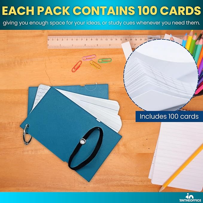 1InTheOffice Index Cards with Ring, Ruled Index Cards with Ring, 3" x5", 100 White Cards/Ring