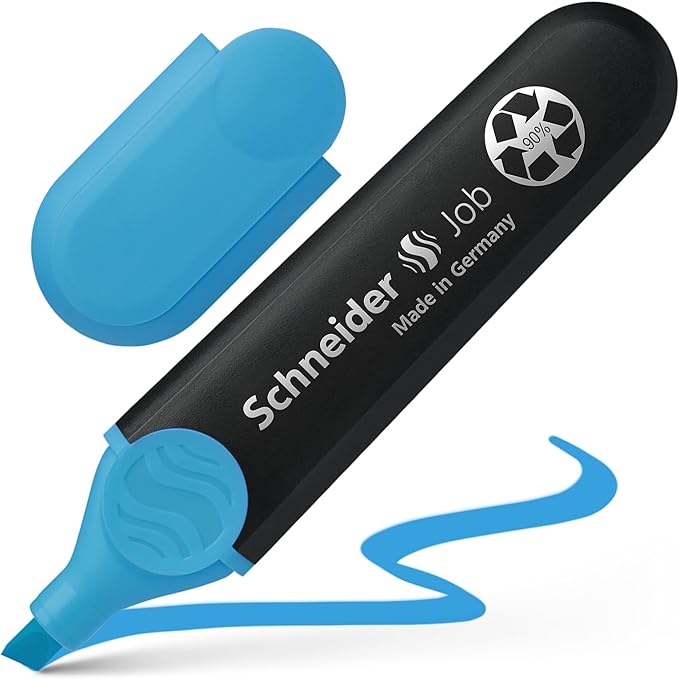 Schneider Job Highlighter, Chisel Tip, 1 + 5 mm, Black Barrel, Blue Ink, Box of 10 Highlighters (1503)