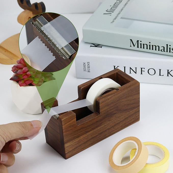 MultiBey 4PCS Walnut Office Supplies Desk Organizers, Wood Sticky Notes Holder Tape Dispenser Cutter Wooden Pencil Holder and Paper Clip Holder for Office Home School