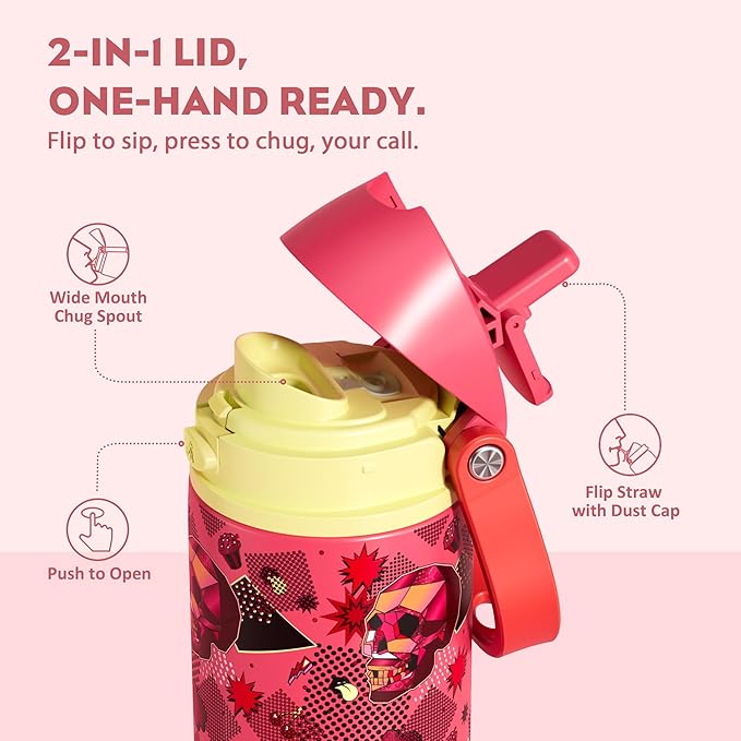 POWCAN 24 oz Insulated Skull Water Bottle: 2-in-1 Lid with Push-Button Spout & Quick-Flip Straw, Leakproof, Car Cupholder Friendly, Stainless Steel for Gym, Travel, Camping (Candy Vandal)