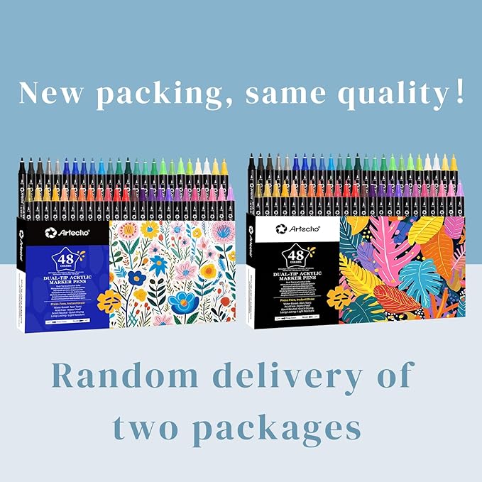 Artecho Acrylic Paint Markers 48 Colors, Acrylic Paint Pens with Brush Tip and Fine Tip for Stone, Rock Painting, Paper, Pumpkin, Wood, Egg, Canvas, Ceramic, Fabric, leather, Glass, DIY Crafts