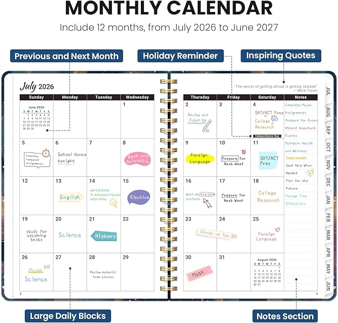 Planner 2026-2027, Hardcover Monthly and Weekly Academic Planner July 2026 - June 2027, Teacher and Student Calendar Agenda Book with Tabs, A5 (6.3" x 8.5"), Ideal for School and Office, Galactic Spiral