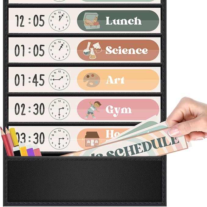 Boho Theme Daily Schedule Pocket Chart Set Decorate Your Classroom or Home for pre-Kindergarten to Grade 6, Black