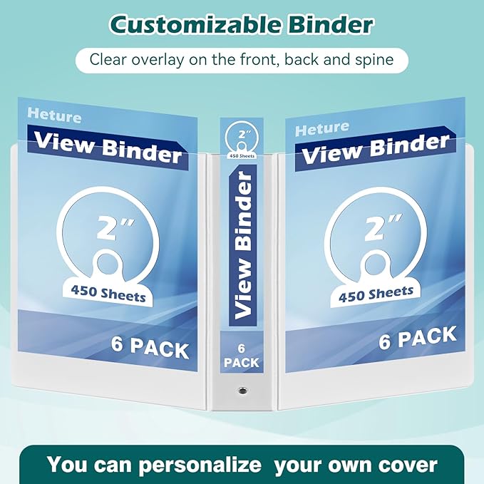 Heture 3 Ring Binder 2 Inch 6 Pack,2" Clear View with Round Rings, PVC-Free,Holds for 450 Sheets 8.5X 11 US Letter Size Paper, Durable White Binders Perfect for Office,School and Home