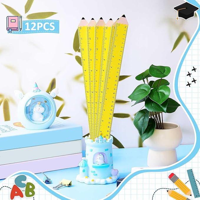 Affrolling 12 Pcs Pencil Shaped Wooden Rulers 12 Inch/30cm Measuring Standard 2 Scale Cute Pencil Rulers Gifts Bulk for Students Home Office