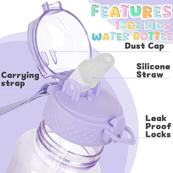 OLDLEY 12oz Kids Water Bottle, Tritan BPA-Free, Leakproof Flip Straw Lid, Motivational Time Marker, Carry Strap, Reusable Clear Water Bottle for Boys & Girls,Amethyst