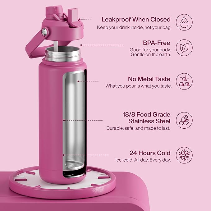 ENCOOL Insulated Water Bottle with Straw Stainless Steel Water Bottle, Leak-Proof, BPA-Free, Double Wall Vacuum Keeps Cold for 24 Hours for Sports, Travel, School (32 oz, Turkish Rose)