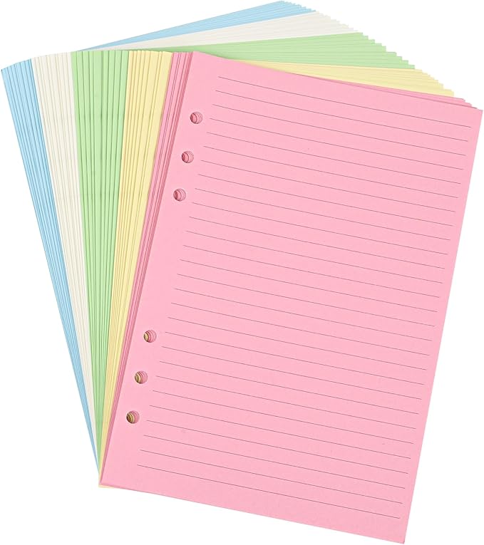 A5 Horizontal Line Loose-leaf Paper, College Scratch 5-Color Filler Paper 6-Hole Notebook 8.26x5.6 inches,50 Sheets/100 Pages (5-Color Lined-50 Sheets, A5)