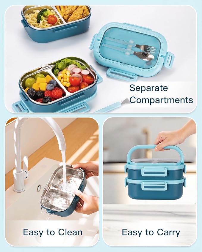Lille Home Stackable Stainless Steel Bento Lunch Box + Insert Cutlery, 56oz | 2 Tier Leakproof Metal Lunch Boxes, 4-Compartment Food Containers for Work, Picnic, Meal Prep & Portion Control (Blue)