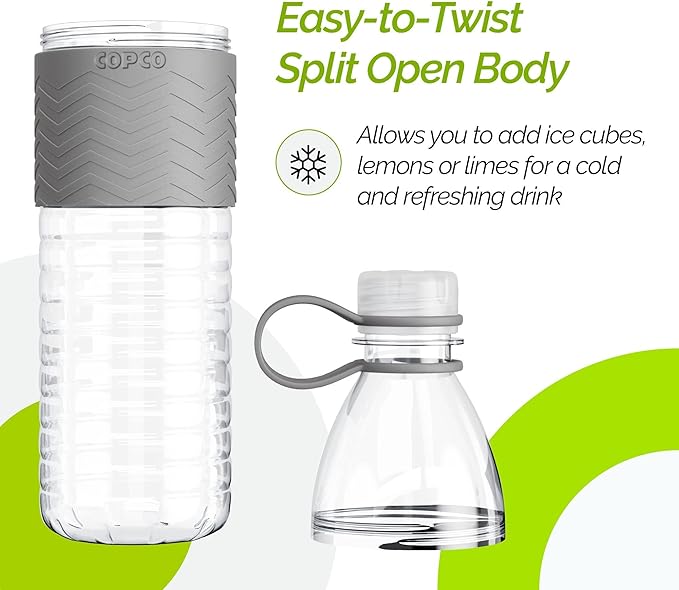 Copco Hydra 20 oz Water Bottle with Carrying Loop – Leak Proof, BPA Free Tritan, Dishwasher Safe, Twist-Open Body, Non-Slip Silicone Grip, Ideal for Gym, Travel, Office & Everyday Use (Grey)
