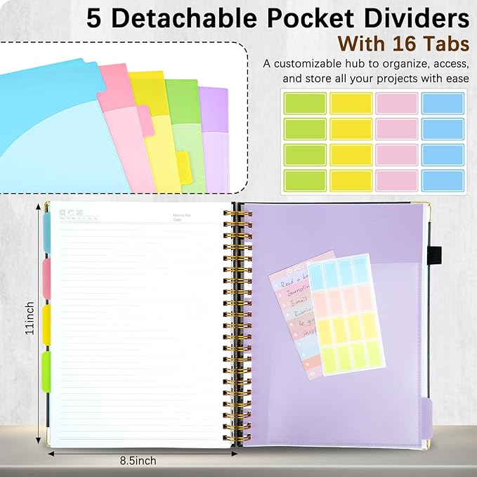 Hardcover Spiral Notebooks for Work 8.5''x 11'', 300 Pages 5 Subject Notebook with Dividers & Tabs, A4 Spiral Journal for Women, College Ruled Notebooks for School Note-Taking (Black)