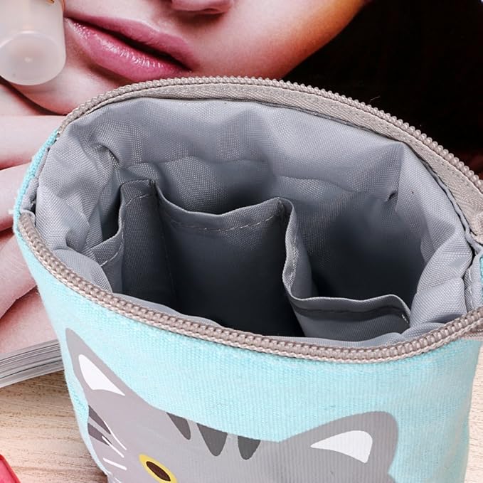Telescopic Pencil Pouch Standing Pen Holder Cute Bags Stand Up Case Cartoon Storage Box Canvas+PU Stationery Organizer Makeup Bag With Zipper Closure (Blue)