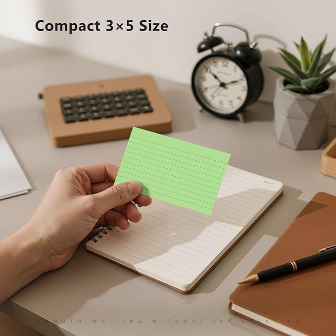 250 Count Index Cards 3 x 5 Inch, Thick Green Lined Note Cards Portable Ruled Flash Cards Perfect for Studying and Organizing, Note Taking Study Flashcards for Home, School and Office