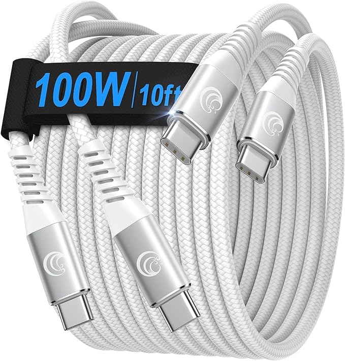 USBC to USBC 100W [10ft/2 Pack] USB C to USB C Fast Charging Cable Braided C to C Charger Cord 5A for MacBook Pro/Air, iPhone 15 Pro Max Plus,iPad Pro,Samsung Galaxy S24 Ultra S23,Pixel,PS5,Switch