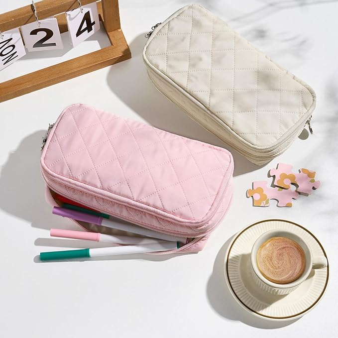 Sooez Large Pencil Case Pouch, Extra Big Pencil Bag with 8 Compartments, Pen Bag Wide Opening, Soft Quilted Pencil Pouch Organizer with Zipper, Portable Pencil Case for Teen Girls, Purple