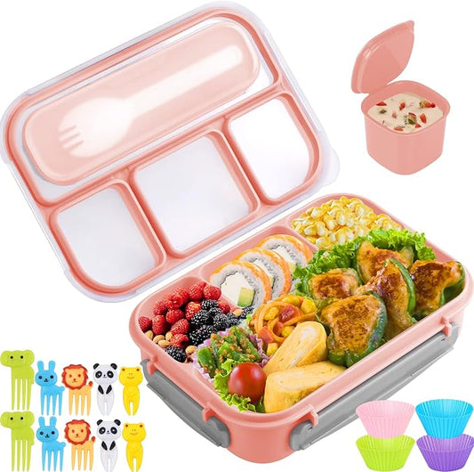 Bento Box for Kids 1300ML with 4 Compartment & Food Picks Cake Cups, Pink | Lunch Box Containers for Adults/Kids/Toddler, Leak-Proof, Microwave/Dishwasher/Refrigerator Safe, BPA Free
