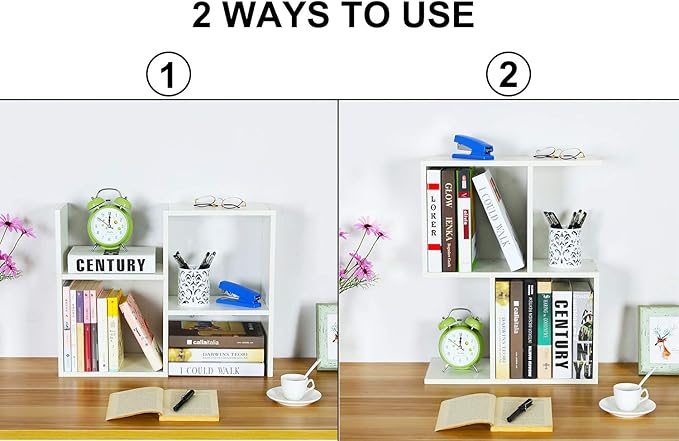 PAG Desktop Shelf Freestanding Wooden Small Bookshelf Desk Supplies Organizers and Accessories Storage Display Rack Office Dorm Decor for Women, White