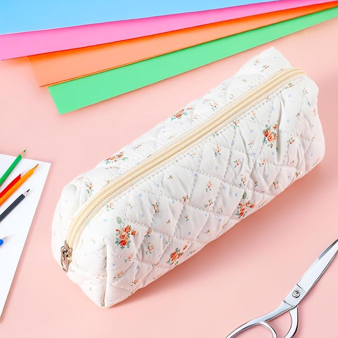 Cute Pencil Case, Aesthetic Flowers Pencil Pouch, Portable Pen Bag Wide Opening, Soft Quilted Pencil Pouch Organizer with Zipper for Office College Storage Makeup Pouch