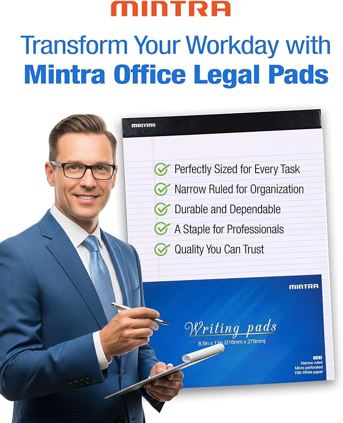Mintra Office White Legal Pads – Ruled Notepads and Micro-Perforated Sheets, Ideal for Writing, Note-Taking & Creativity, Office, or Professional Use, Basic Pad 6 pack, 8.5"x11" (Narrow Ruled)