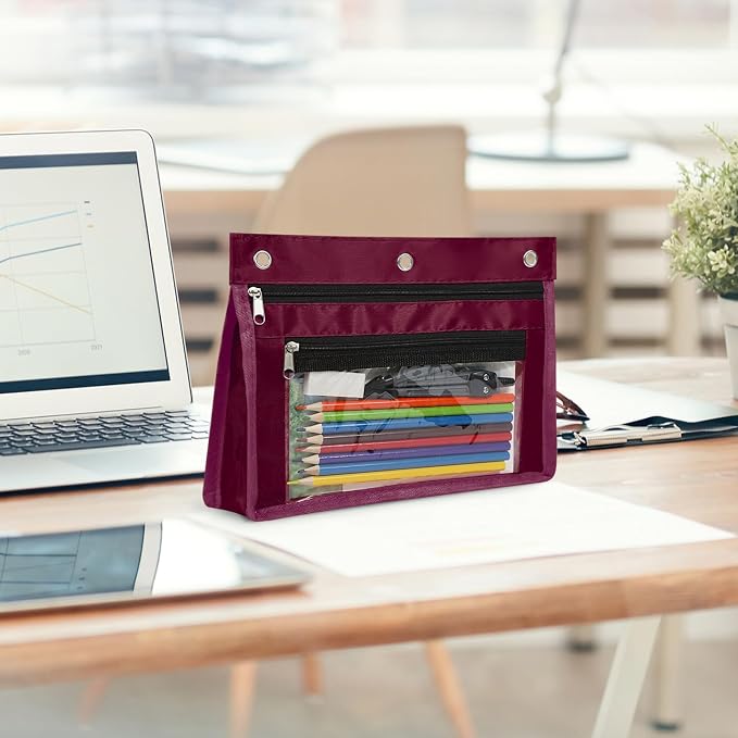 YoeeJob 2 Pack Expandable Pencil Pouches for 3 Ring Binders, Wine-red | 1-inch expansion, 2 clear PVC pockets, 3 holes, large-capacity storage for school and office supplies.